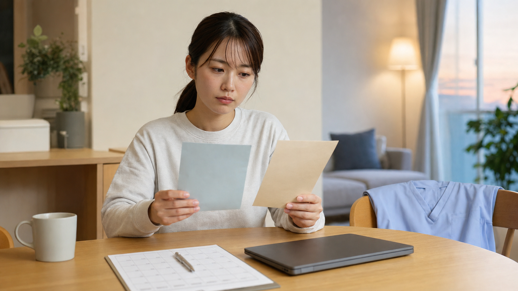自宅で本業と副業の2枚の給与明細を見比べる看護師