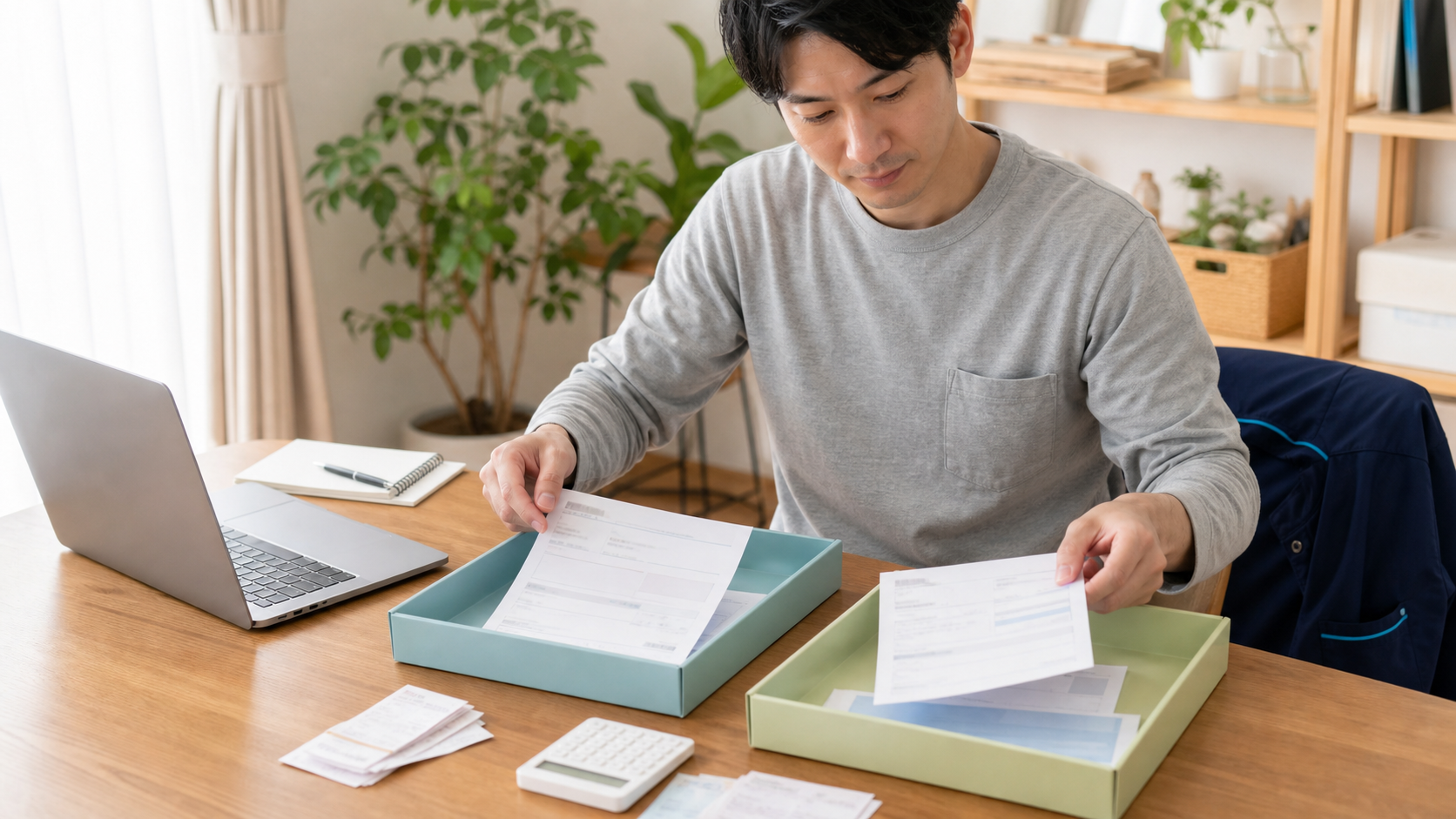 副業先からの給与と業務委託の収入を2つのトレーに分けて整理する看護師