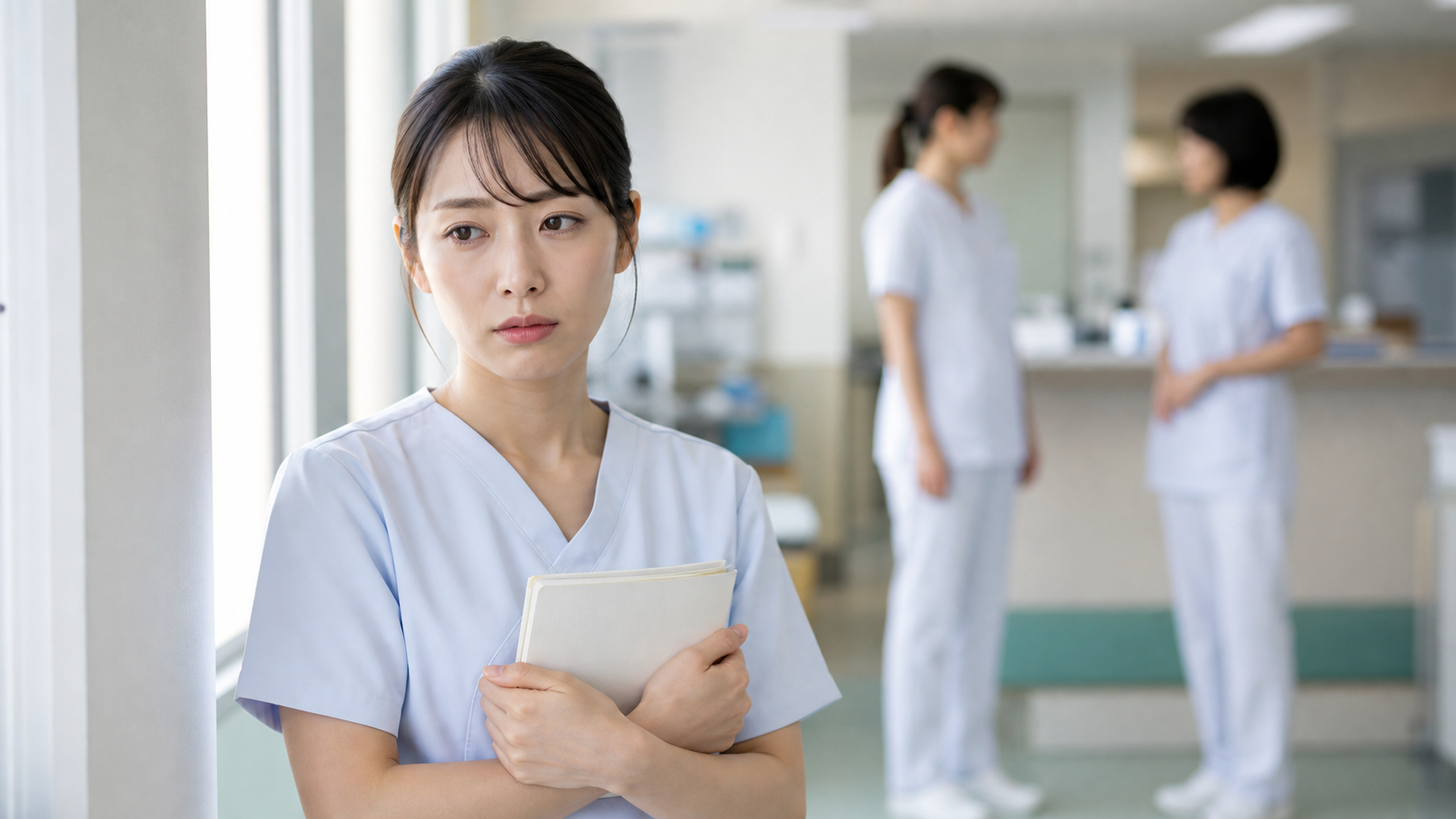 職場の人間関係に悩み、休憩室で気持ちを整える看護師