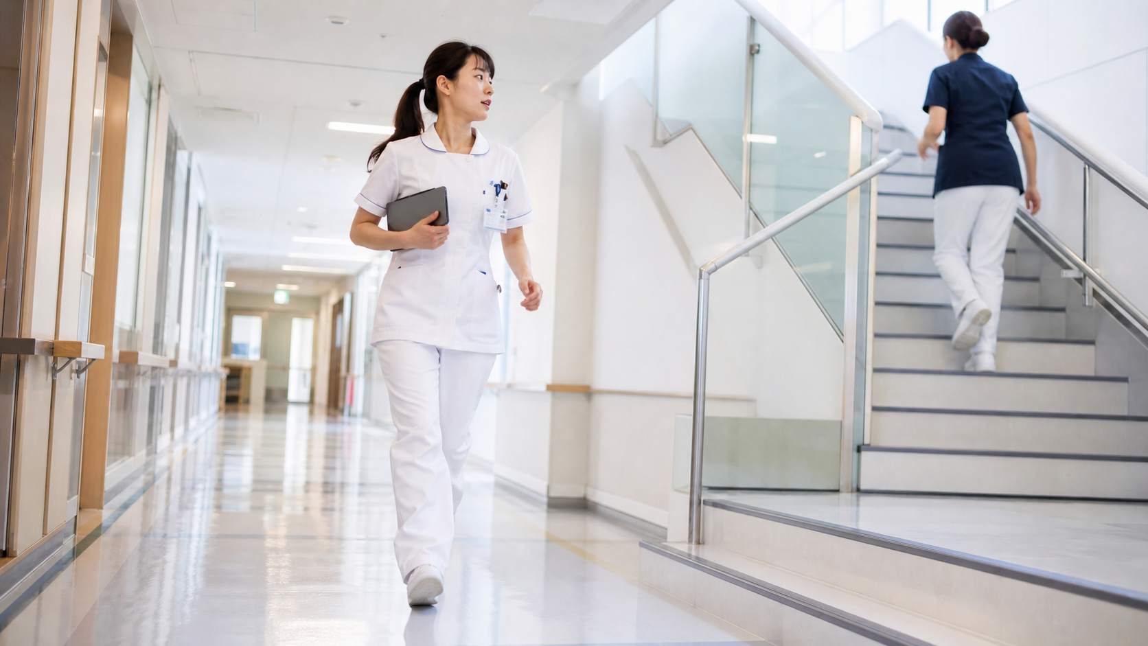 病棟の廊下を歩き、階段を上る看護師