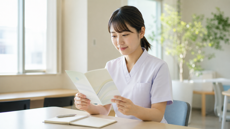 パンフレットを読みながら看護協会について調べる看護師