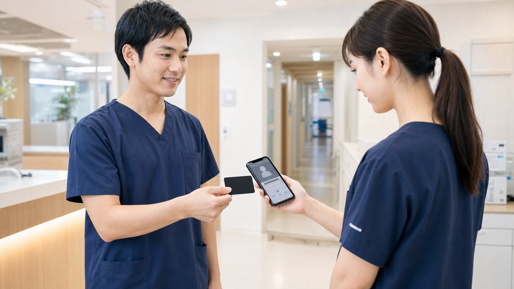 病院のスタッフエリアで看護師がデジタル名刺を提示し、同僚がスマートフォンで読み取る様子
