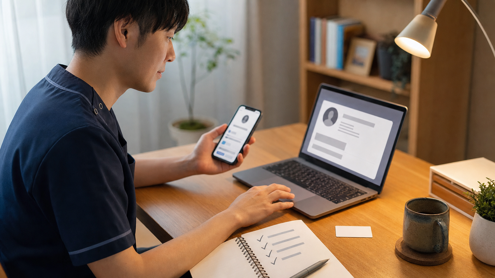 看護師が自宅で公開範囲を確認しながらデジタル名刺のプロフィールを編集するイメージ