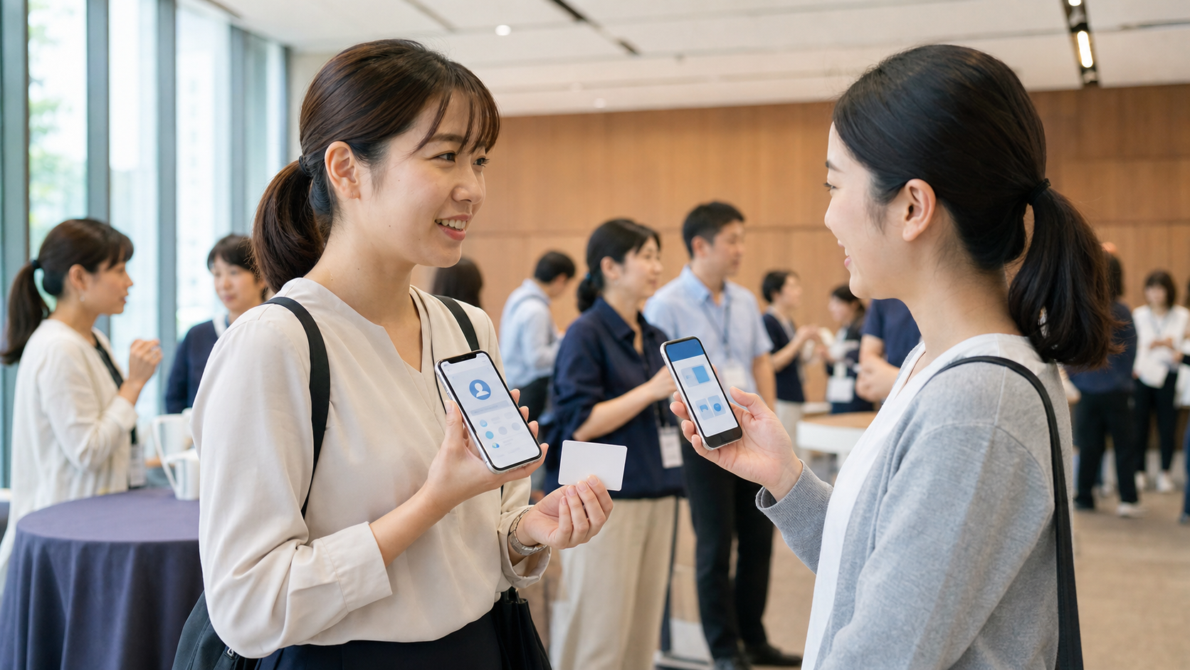 外部研修後に看護師同士がスマートフォンとデジタル名刺でプロフィールを共有するイメージ