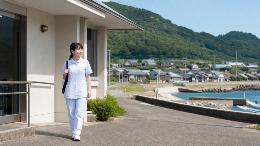 海の見える離島の小さな診療所の近くに立つ看護師