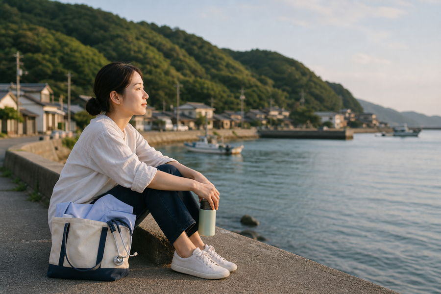 離島の海辺で休憩しながら海を眺める看護師