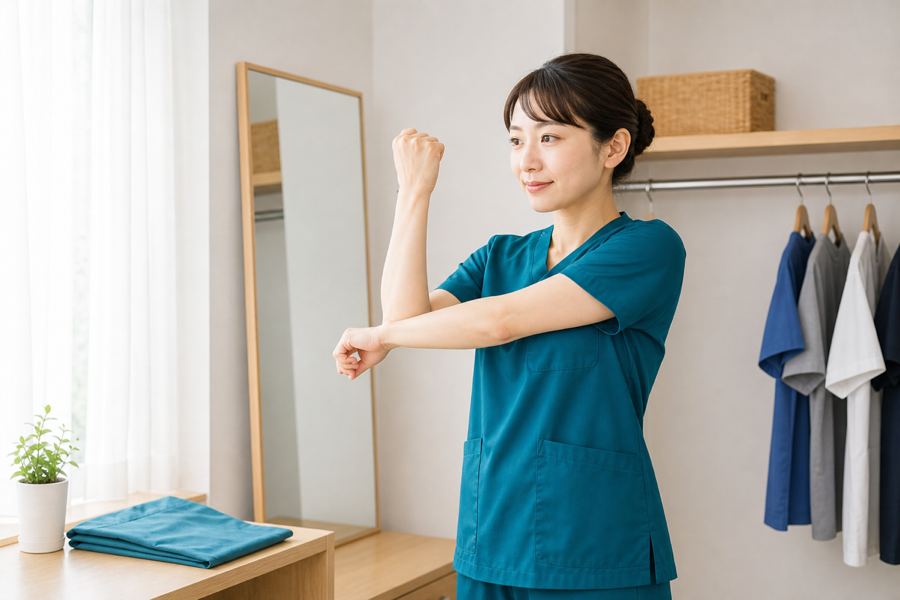 スクラブを着て腕の動かしやすさを確認する看護師