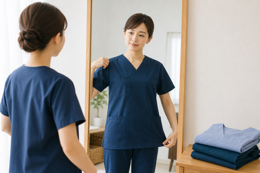 鏡の前でスクラブのサイズ感を確認する看護師