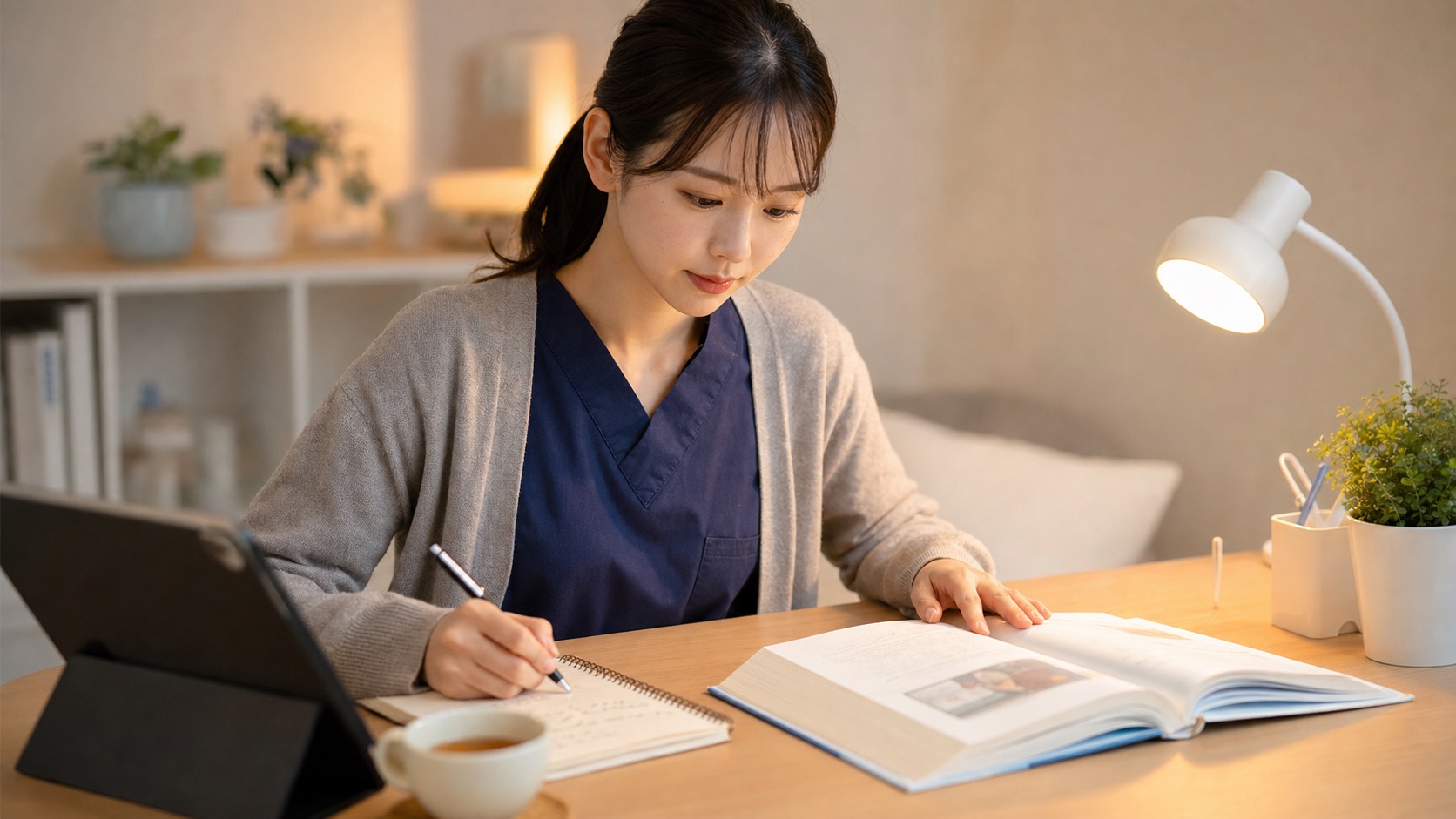 仕事後に机で資格勉強をする看護師
