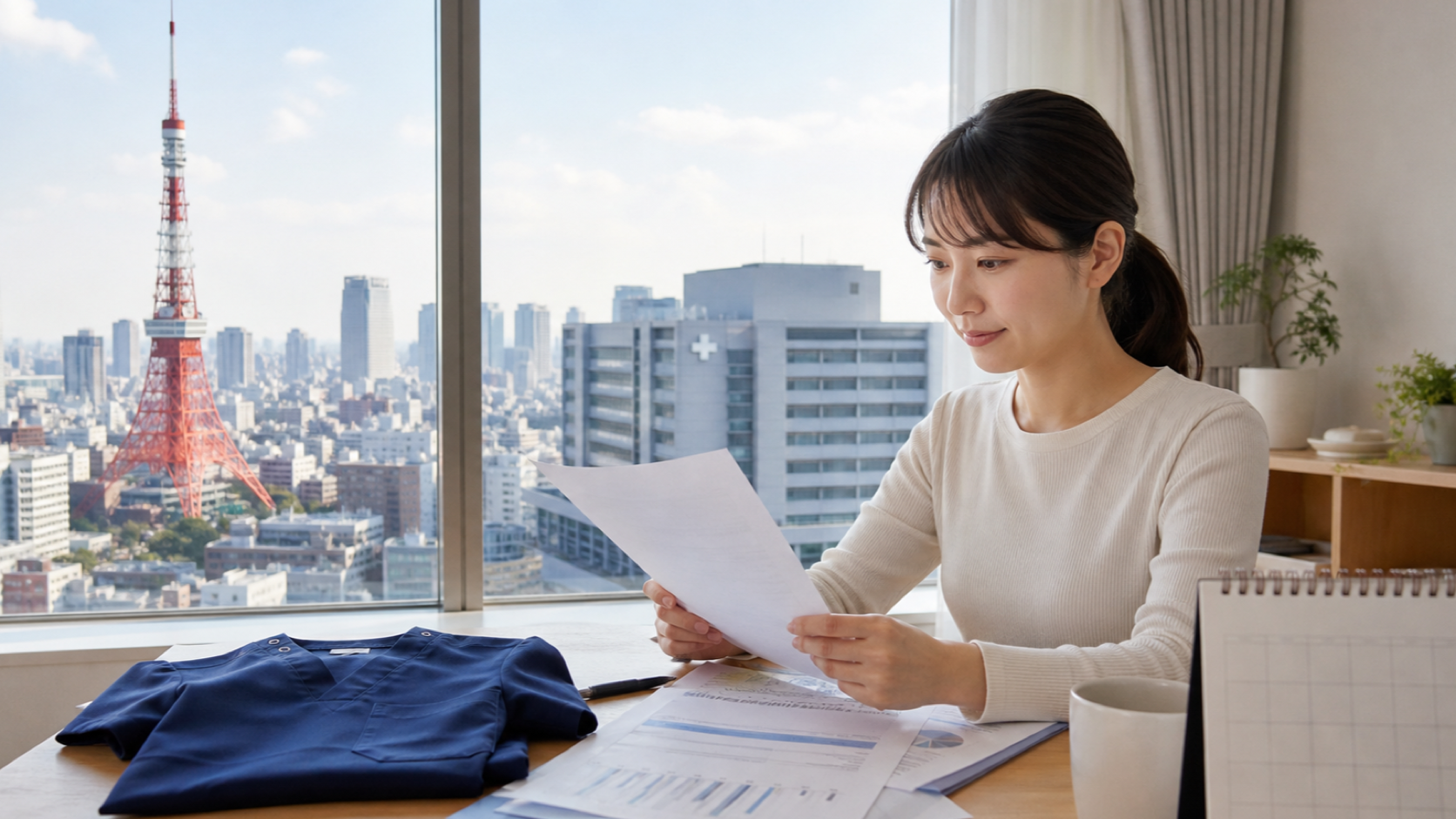 東京タワーと都内の病院を望む部屋で転職と奨励金申請の資料を確認する看護師