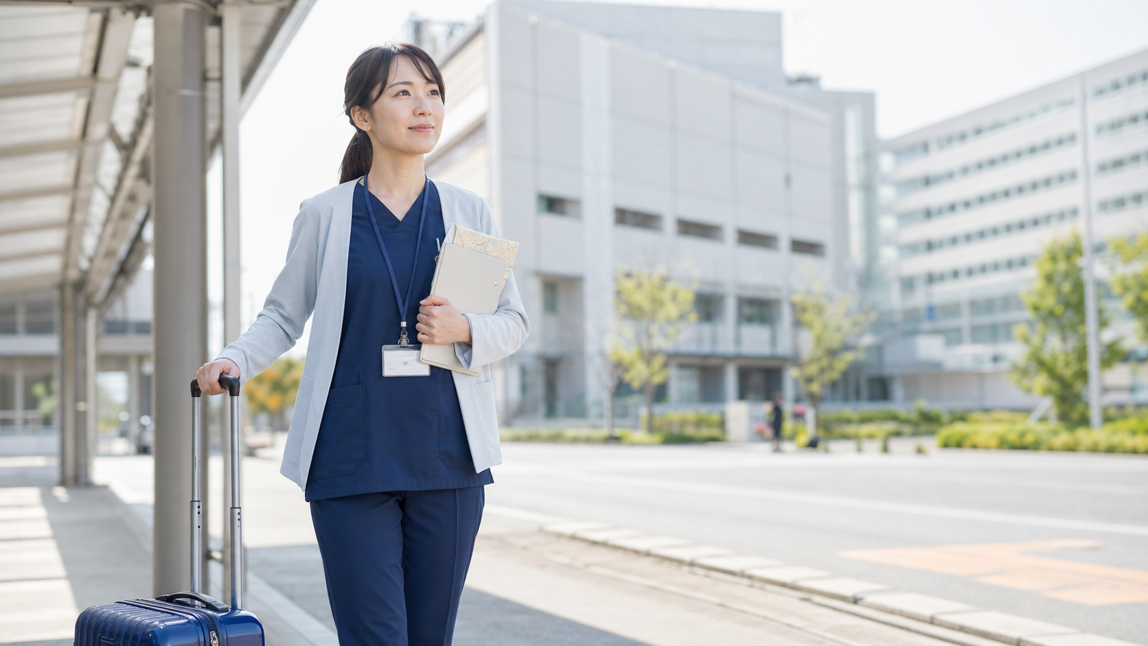 病院の前でスーツケースと書類を持ち、次の職場へ向かう応援ナース